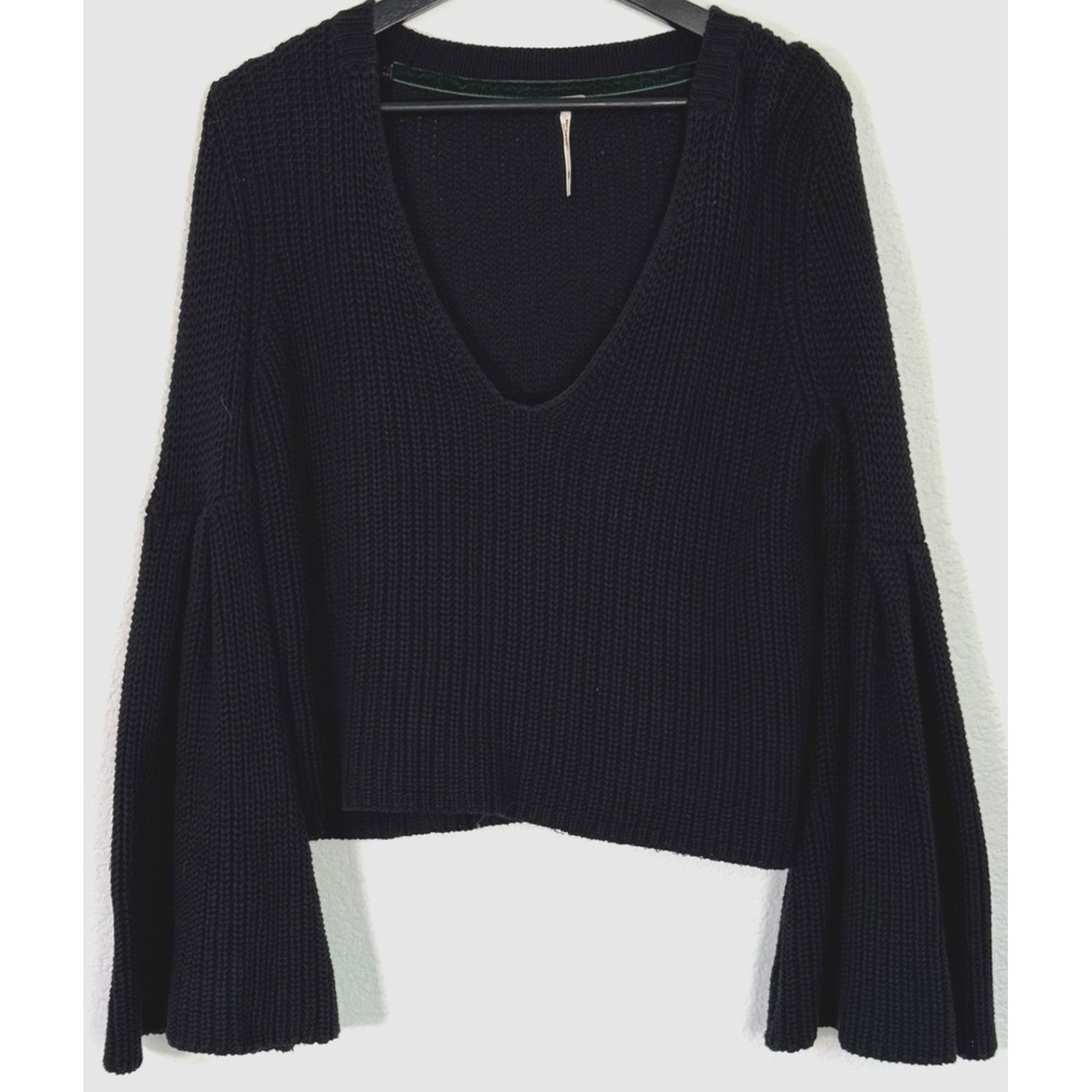 Free People Sweater Women XS Damsel Rib Knit V-neck Bell Sleeve Sweater Black‎